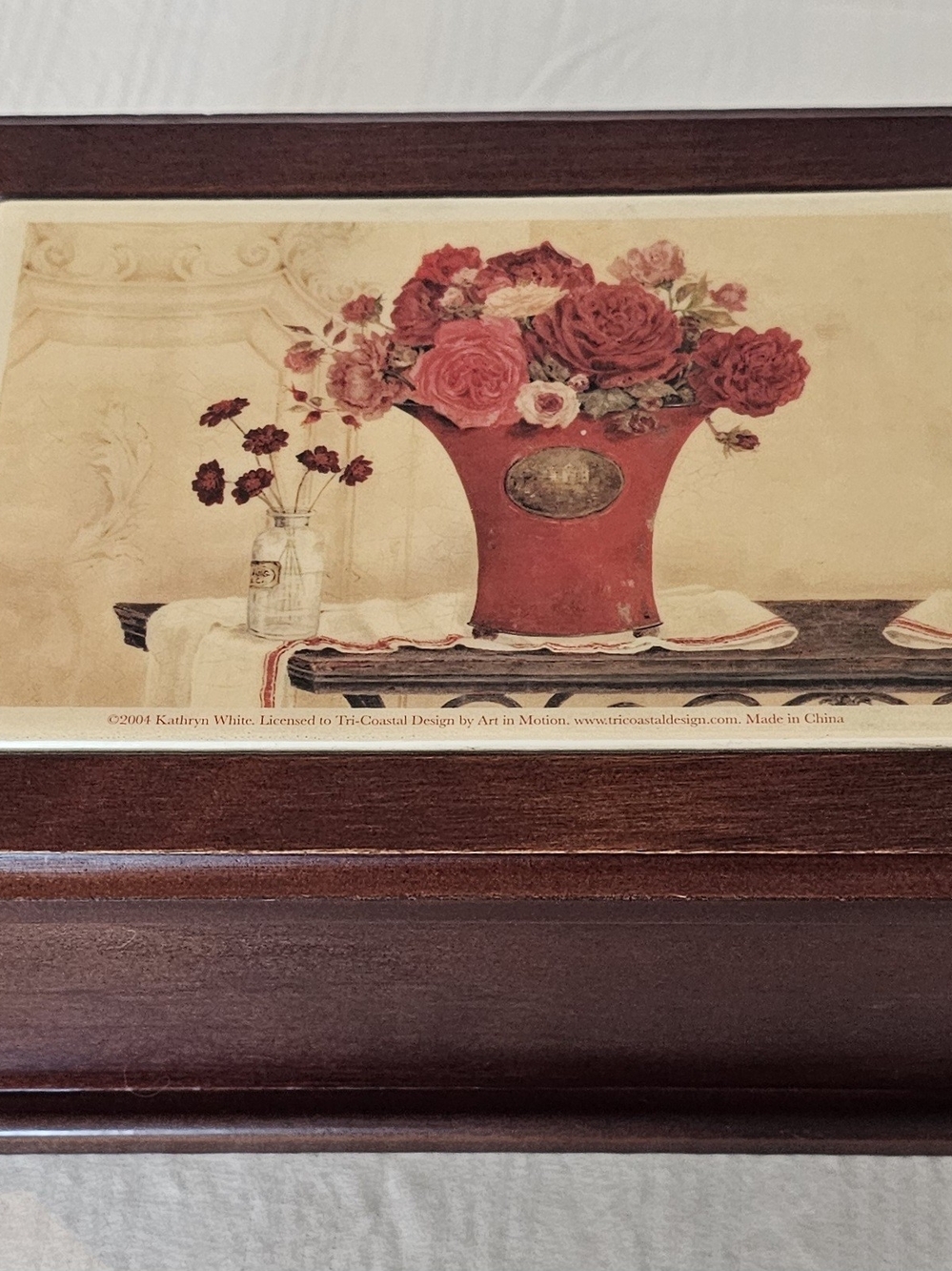 Vintage Wood Jewelry Box Lined Black Velvet Floral Ceramic Inlayed Tile Lid